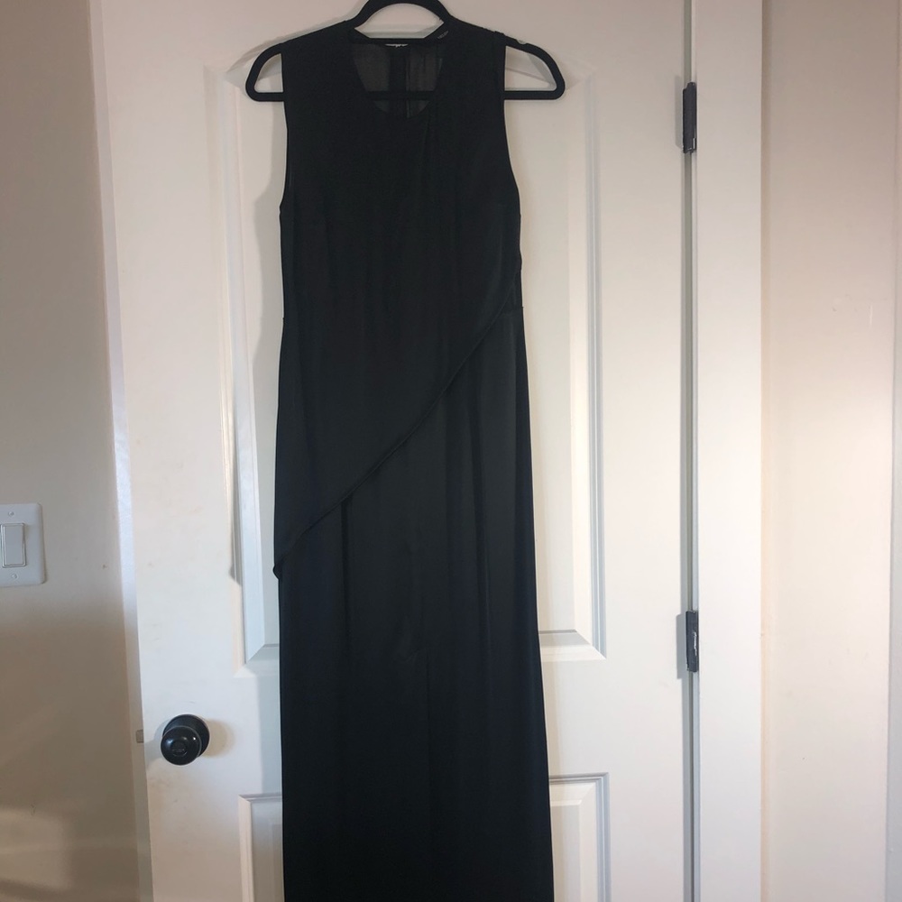 Avalon black dress silk with slit down the front.